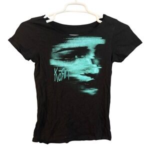 Korn Band Graphic T-Shirt Black Teal Glitch Portrait Short Sleeve Nu-Metal Tee